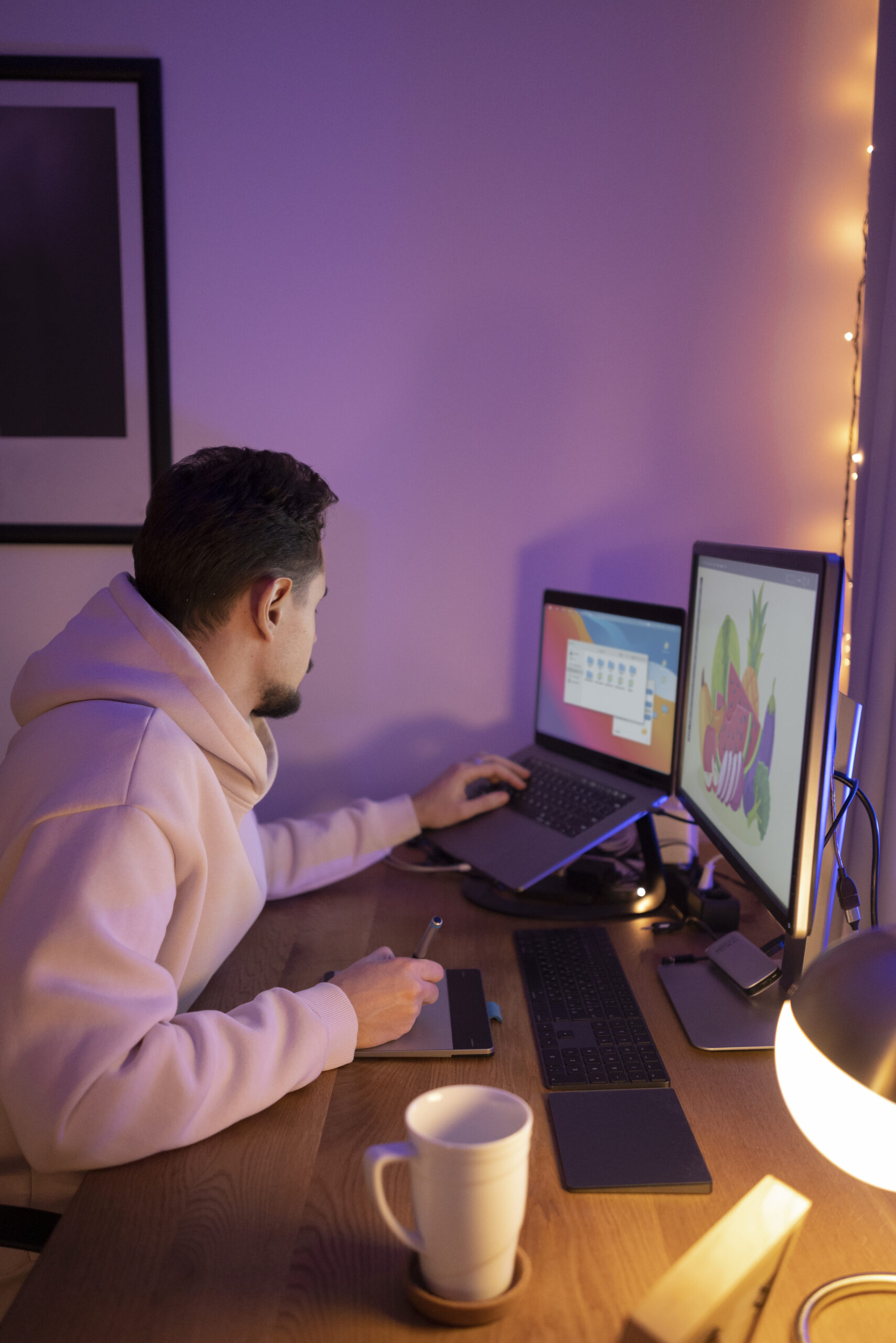 adult person working late night from home